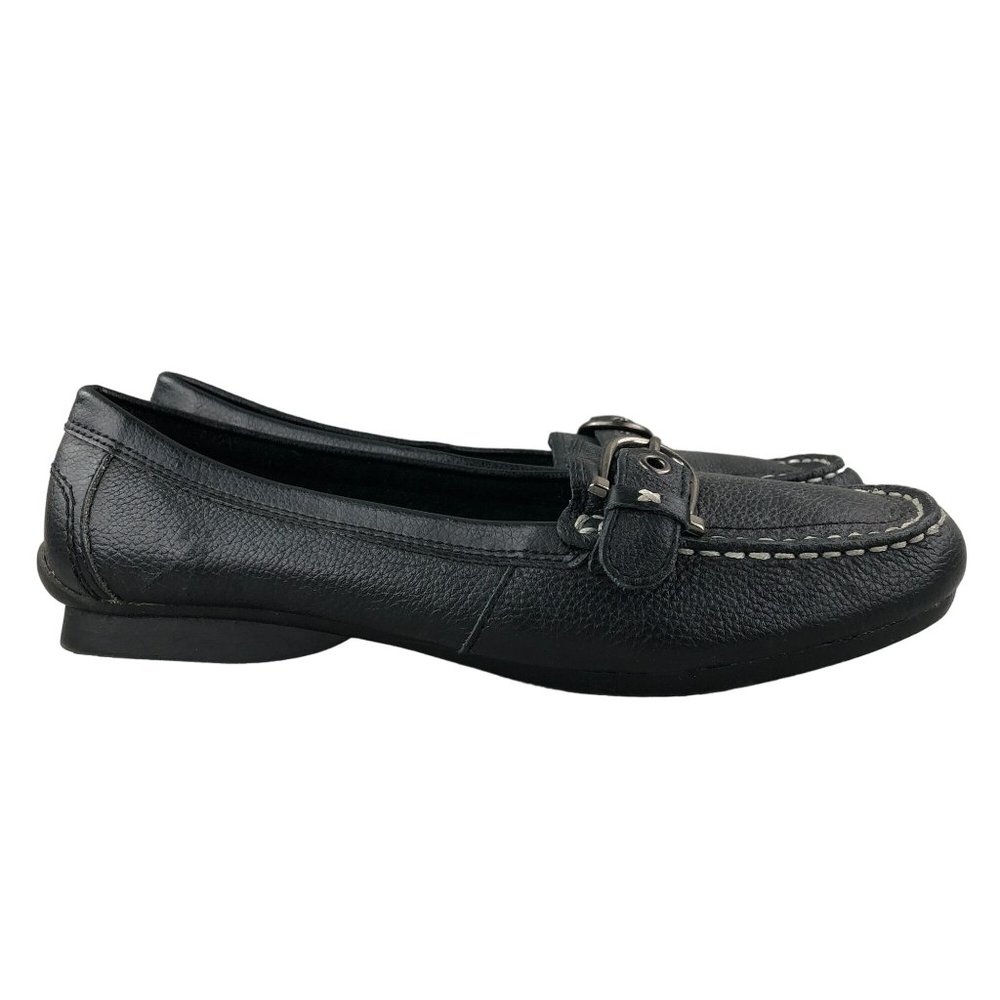 Thom McAn Women's Size 8.5 Black Leather Closed Toe Buckle Slip On Loafers Flats